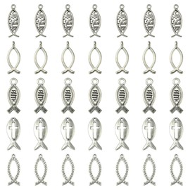 Stiesy 100 Pcs 5 Styles Jesus Fish Charms for Easter Antique Silver Christian Fish Jesus Pendant Cross Charms Bulk for DIY Bracelet Necklace Keychains Jewelry Making