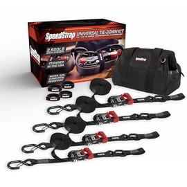 SpeedStrap Heavy-Duty Ratchet Tie-Down Kit for Motorcycle, ATV, UTV, Snowmobile - 2,500 lb Capacity, Includes (4) Ratchet Straps 1" x 15′, SpeedWraps, Storage Bag, Black