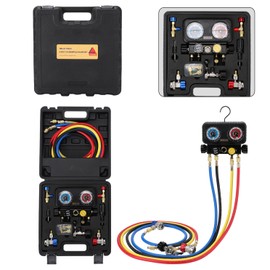 Wells AC Gauge Set HVAC Tools R410a R134a R32 R22 Refrigerant for Home 4 Way AC Diagnostic Manifold Gauge Set with 5ft Hoses, Couplers Puncture, Can Tap, Works on Car Freon Charging and Evacuation