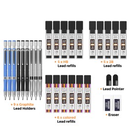 Nicpro 29 Pieces 2 mm Mechanical Pencil Set, 3 Pieces Lead Pencils 2.0 mm for Art Drawing, Sketching, Construction with 192 Lead Refills (HB 2B Colours), 2 Erasers, 2 Sharpeners