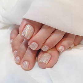 24Pcs False Toenails Short Square Shimmering Nude Press on Nails with Glue Stick on Toe Nails French Glitter Fake for Women DIY Pedicure