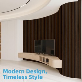 Art3d Acoustic Wood Slat Wall Panel with Roll-Flat Design - 95.3 x 23.8 Inch Sound Absorbing Panels for Living Room Columns Corridor Curved Wall Decor, 1-Pack Walnut