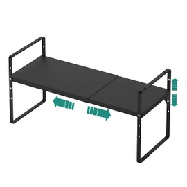 SUZLON Expandable Cabinet Shelf Organizer Rack, Stackable Kitchen Counter Storage Shelves Stand, Adjustable Height Pantry Shelf Spice Rack, Heavy Duty Nonslip Black Small 1Pack