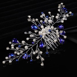 Teyglen Blue Crystal Bride Wedding Hair Comb Handmade Pearl Rhinestone Hair Pieces Hair Accessories for Bride Bridal Side Hair Comb Headpieces for Women Girls