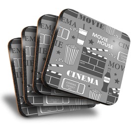 Destination Vinyl ltd Great Coasters (Set of 4) Square - BW - Film Buff Movie Cinema Treats Drink Glossy Coasters/Tabletop Protection for Any Table Type #41084