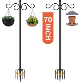 RCUICA Double Shepherds Hooks for Outdoor,2 Pack 70 Inch Bird Feeder Pole with 5 Prongs Base,Heavy Duty Shepherds Hook,Suitable for Garden in Hanging Flower Basket,Lantern,Bird Nests (2 Pack 70 inch)