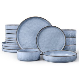 LIANYU 16 Piece Dinnerware Dish Sets with Salad Blows, Plates and Bowls Dinner Set for 4, Stoneware Dish Tableware for Dessert Salad Pasta, Microwave & Dishwasher Safe, Serenity Blue