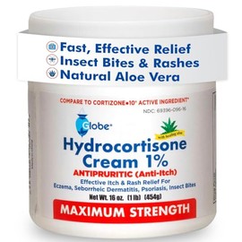 Crema de hidrocortisona Globe de máxima fuerza al 1% con aloe, 16 oz, crema antipicor para enrojecimiento, hinchazón, picazón, sarpullido, picaduras d