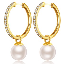 jiamiaoi White Gold Plated Large Hoop Earrings Silver 925 Women's Hoop Earrings Large Silver Hoop Earrings with Pearls Earrings Silver 24 mm Sterling Silver Round Hoop Earrings with Stone Glitter