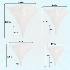 Liqvee Funnel Transparent in 4 Different Sizes (122, 101, 76 & 50mm) Non-Toxic Food Grade Plastic -Funnels for Filling Bottles or Containers with Holders – Funnel Kitchen ideal for Garage & Labs