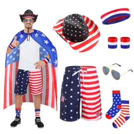 Mepase 7 Pcs American Flag Costume Cape 4th of July Outfits Shorts for Men Patriotic Accessories for Independence Day (M)