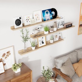 Picture Ledge Shelf Set of 3, 48 Inch Natural Wood Rustic Floating Shelves with Lip for Wall Storage, Nursery Floating Book Shelves for Living Room Bathroom Bedroom Kitchen, Carbonized Black