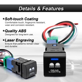 ROMELACK Rear Light Push Button Blue Backlight Switch Short Circuit Protection with Connector Wire Compatible with Toyota Tacoma Tundra 4Runner Camry Corolla Hiace Prado Yaris Prius Sienna 2018-2025