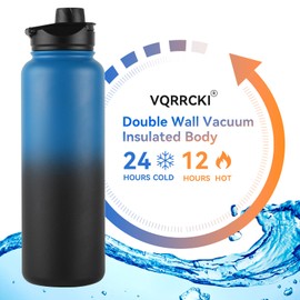 VQRRCKI 40 oz Insulated Water Bottle with Straw, Stainless Steel Sports Water Bottles with 2 Lids (Straw and Wide Mouth lid), Double Wall Vacuum, Leakproof, BPA-Free, Blue Black Gradient
