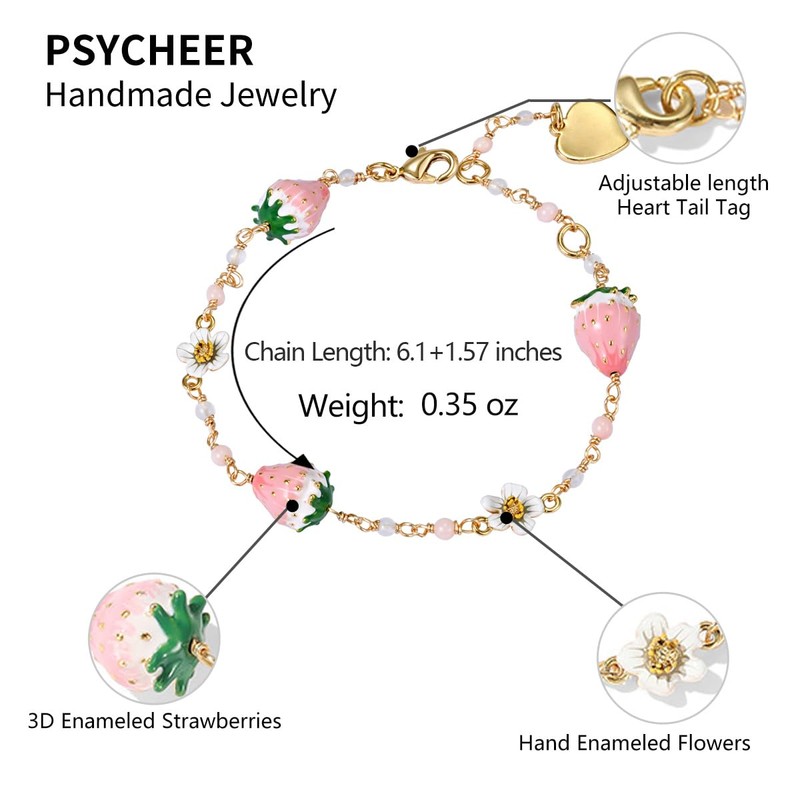 Strawberry Charm Bracelet Gold Enamel Dainty Fruit Women Jewelry
