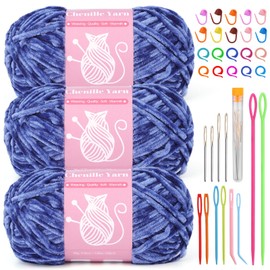 LUNARM Chenille Velvet Yarn for Crocheting & Knitting, Soft Yarn for Making Blankets, Clothes & More - 3 * 3.35oz, 3 * 162yds (Denim Blue)