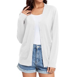 TASAMO Womens Fashion Cardigans Long Sleeve V Neck Lightweight Sweater with Pockets Casual Outerwear White