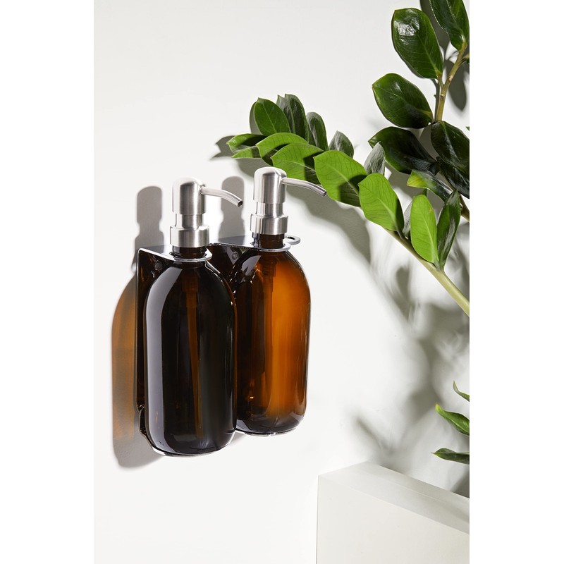 Wall-Mounted Bottle Dispenser Holder Bracket in Brushed Nickle, Silver, and