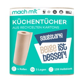 4 x 3-ply kitchen rolls, 128 half sheets per roll, free from bleach, made in Germany, made from recycled cardboard, extra absorbent and environmentally friendly, recyclable, kitchen paper, make m!t PURE