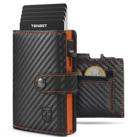 TENBST Men's Wallet with Coin Compartment & RFID Protection, Slim Wallet Card Case Small, Men's Wallet, 10 Compartments for Credit Cards, Orange / black, Classic