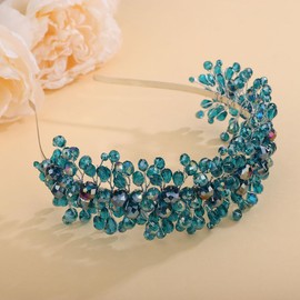 Teyglen Wedding Crystal Hair Crown Bridal Rhinestone Headband Tiara Handamde Full Crystal Headpieces Floral Blue Red Pink Rhinestone Hair Pieces Hair Accessories for Women Prom Birthday Party (Peacock Blue)