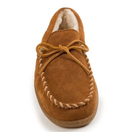 Minnetonka Mens Pile Lined Moccasin Slipper with Hard Soles Brown, 10.5