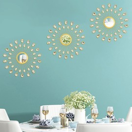 Uaussi 3 Pack Crystal Sunburst Wall Mirror Décor Rhinestone Mirrors Decorative Home Wall Art for Living Room Bedroom Entryway (Drop-Shape Gold)