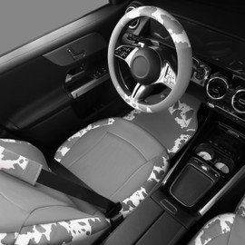 CAR PASS Cow Print Faux Leather Car Seat Covers & Cow Car Mats & Cow Steering Wheel Cover Seat Belt Pads Universal fit for SUV,Van,Saden,Truck Cute Car Accessories Automobile Interior Sets All Gray