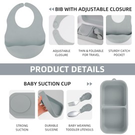 Travel Silicone Baby Feeding Set with 316 Stainless Steel Spoon & Fork,Silicone Suction Plates, Foldable Bib, Storage Bag - Portable Infant Toddler Utensils, 6-Piece BPA-Free Dishware Kit（gray）