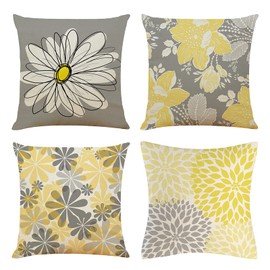 Yizemay Set of 4 Decorative Cushion Covers, Summer Flower Soft Polyester Square Throw Pillow Covers for Outdoor Patio Garden Bench Living Room Decor (Grey)