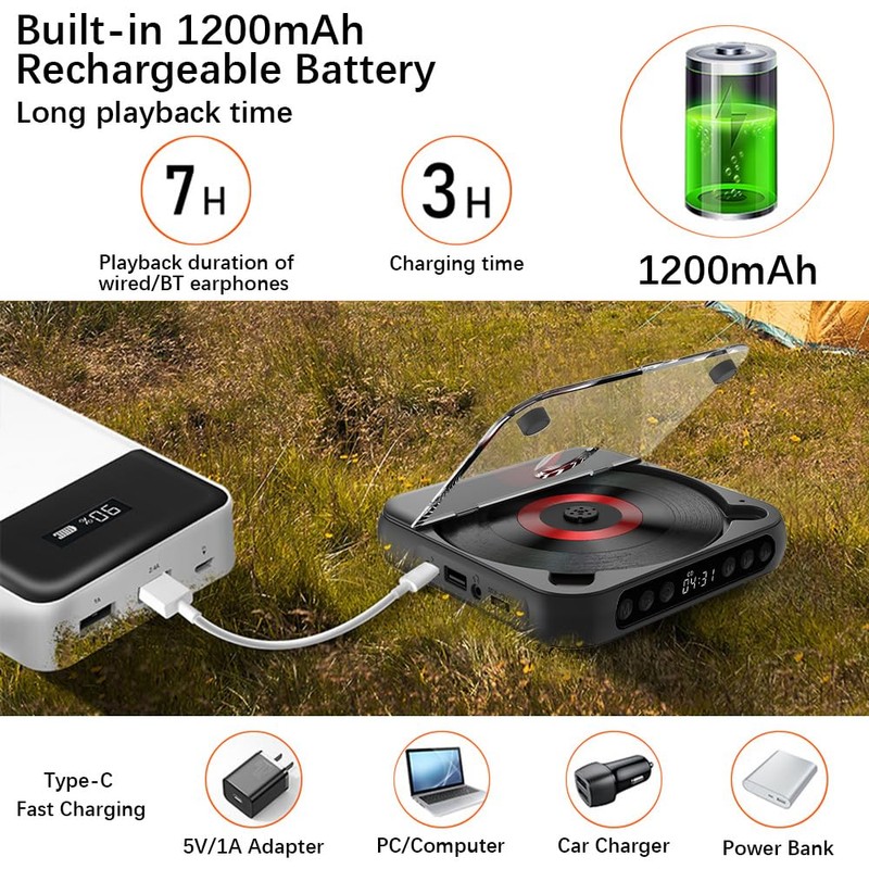 SHUAIGUO CD Player Portable BT Music Player CD Runner with