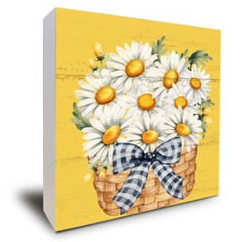ULEGIE Daisy Decor, Summer Decorations For Office Bathroom Kitchen Home, Yellow Wooden Box Sign For Bathroom Shelf Wall Table Decoration 5x5 inch