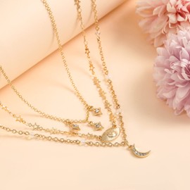 ZMNNOPPAB 3PCS Evil Eye Gold Necklace set for Women,Necklace Star Moon Charm Shell Pendant Multi Layered Alloy Chain Choker Necklaces Set Jewelry for Women with Gift Box (Style C)