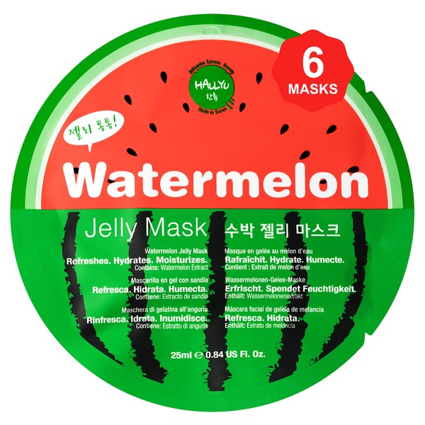 masque BAR Hallyu Watermelon Facial Hydrogel Mask (6 Pack) — Korean Beauty Face Skin Treatment — Moisturizes, Restores Skin Radiance, Softness & Elasticity — Cleanses, Exfoliates, Regenerates Cells