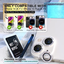 Choiche Choiche Compatible for iPhone 14 /iPhone 14 Plus Camera Lens Protector Bling, 9H Tempered Glass Camera Cover Screen Protector Metal Ring Decoration Accessories (Glitter-Silver)