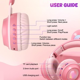 Kids Wireless Earphones, Cute Rabbit Ears Headset with Microphone, Physical Noise Reduction-Foldable Bluetooth 5.0- Over-Ear Headphones with LED Color Light (Pink)