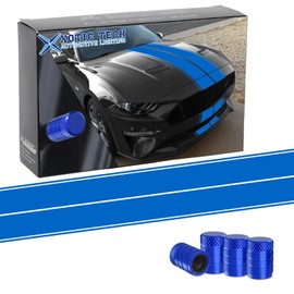x xotic tech Blue Double-Dual Sport Racing Vinyl Stripe Graphics Hood Roof Trunk Bumper Decal Sticker, Compatible with Ford Mustang 2015-2023 with 4 Tire Valve Stem Cover Caps
