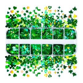 Mesiyun Nail Art Glitter Green Sequins 3D Holographic Laser Hearts Stars Leaves Clovers Nail Acrylic Stickers Spring Shiny Flakes Nail Supplies for St. Patrick's Day Decor 12 Grids