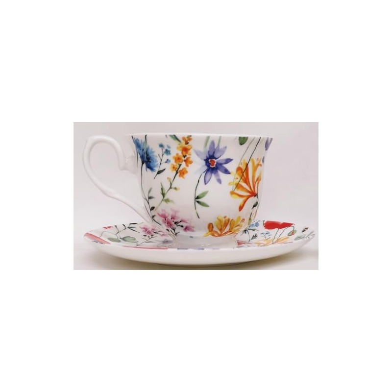Wildflowers Meadow Tea Cup and Saucer Set Fine Bone China