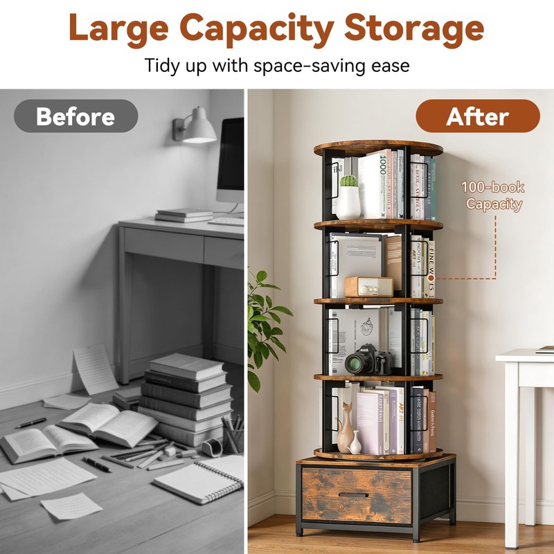 Housolution 5 Tier Rotating Bookshelf Tower with Storage, Rustic Brown