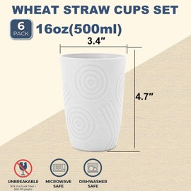 Wrova Wheat Straw Water Cups 16oz with Etched Pattern - Alternative Plastic Drinking Glasses Set of 6 - Unbreakable Tumbler Reusable Water Cups for Kids - White