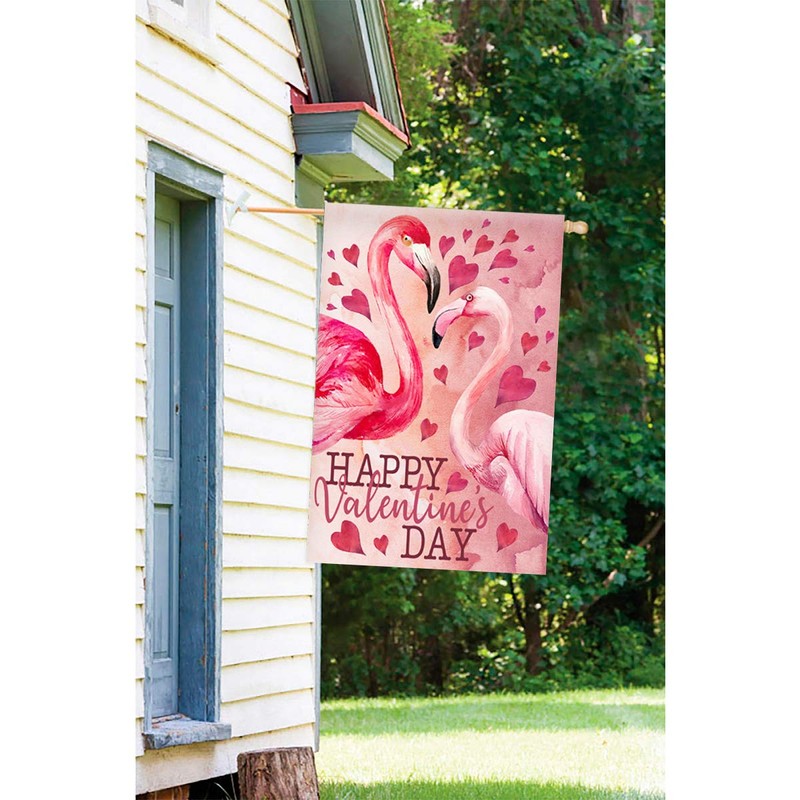 Morigins Happy Valentine's Day Decorative Love Heart Flamingo House Flag
