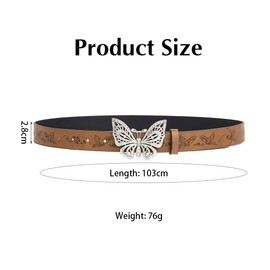 FDEETY Women's Vintage PU Leather Belt Butterfly Decorative Belt Fashion Gold Buckle Adjustable for Jeans Dresses and Casual Outfits, brown