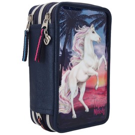Depesche 10583 Miss Melody - Filled 3-Compartment Pencil Case with Horse Motif, Dark Blue Pencil Case Approx. 7.5 x 13 x 20 cm, with Felt and Coloured Pencils, Ruler, Scissors, Glue, etc.
