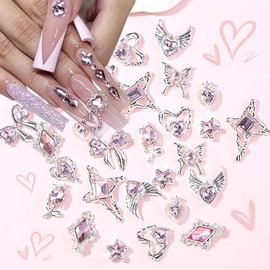 12Pcs Heart Nail Art Charms 3D Alloy Pink Butterfly Star Nail Charms for Nail Art Luxury Silver Nail Rhinestones Flower Nail Gems Bow Design Crystals Nail Jewelry for Valentines Nail Decoration