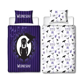 Character World Wednesday - Set copripiumino singolo ufficiale, design destinato, reversibile, su 2 lati, con federa coordinata, set per letto singolo, in policotone viola