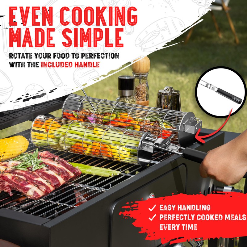 Rolling Grill Basket, New Opening Design, Extra Sturdy Cylinder Grilling