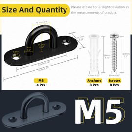 Mardatt 4 Pack M5 304 Stainless Steel Pad Eye Plate U Hooks, Marine Hardware Hook with Screws Anchors, Heavy Duty Ceiling Hooks Pad Eyes Plate, Black