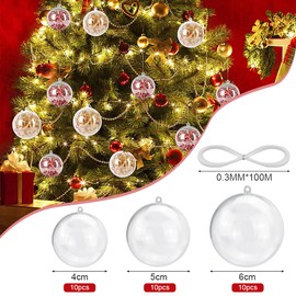 EMAGEREN 30Pcs Christmas Clear Baubles 4cm 5cm 6cm Clear Plastic Fillable Baubles Christmas Tree Baubles Christmas Ornament Hanging Ball with Fishing Line for Xmas New Year Decoration (3 Sizes)
