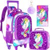 FTJCF 3Pcs Rolling Backpack for Girls, Kids Unicorn Roller Bookbag